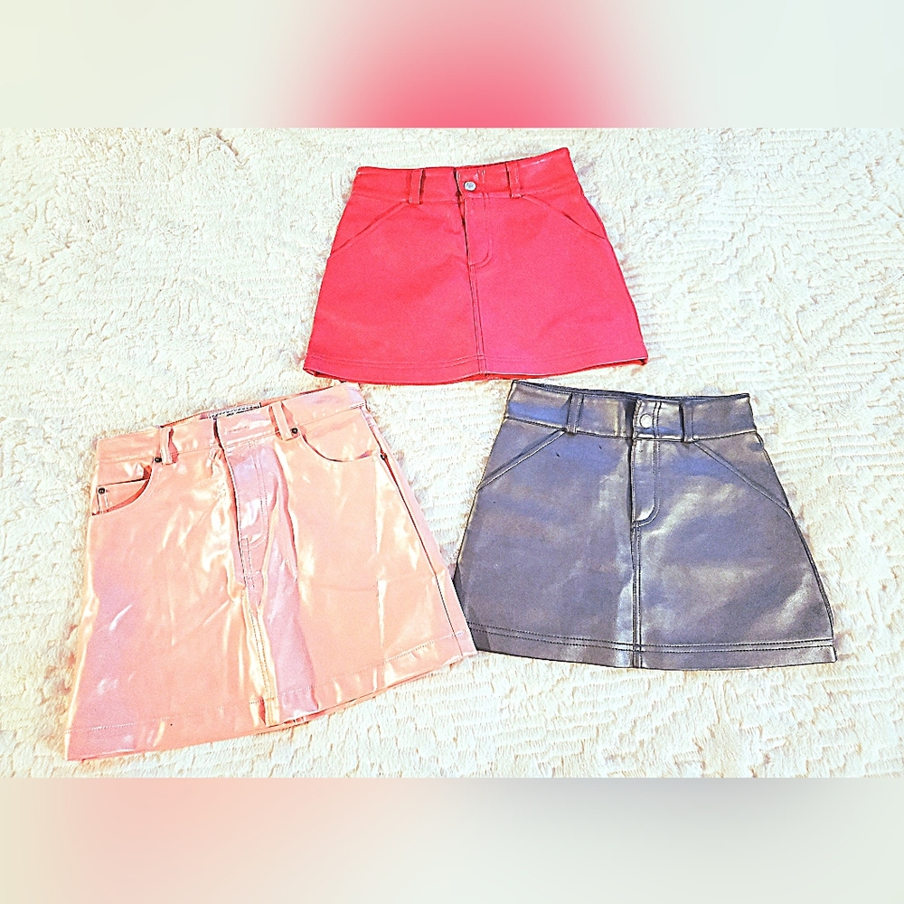 PiNk and Silver Pleather miniskirts. Lot of 3.